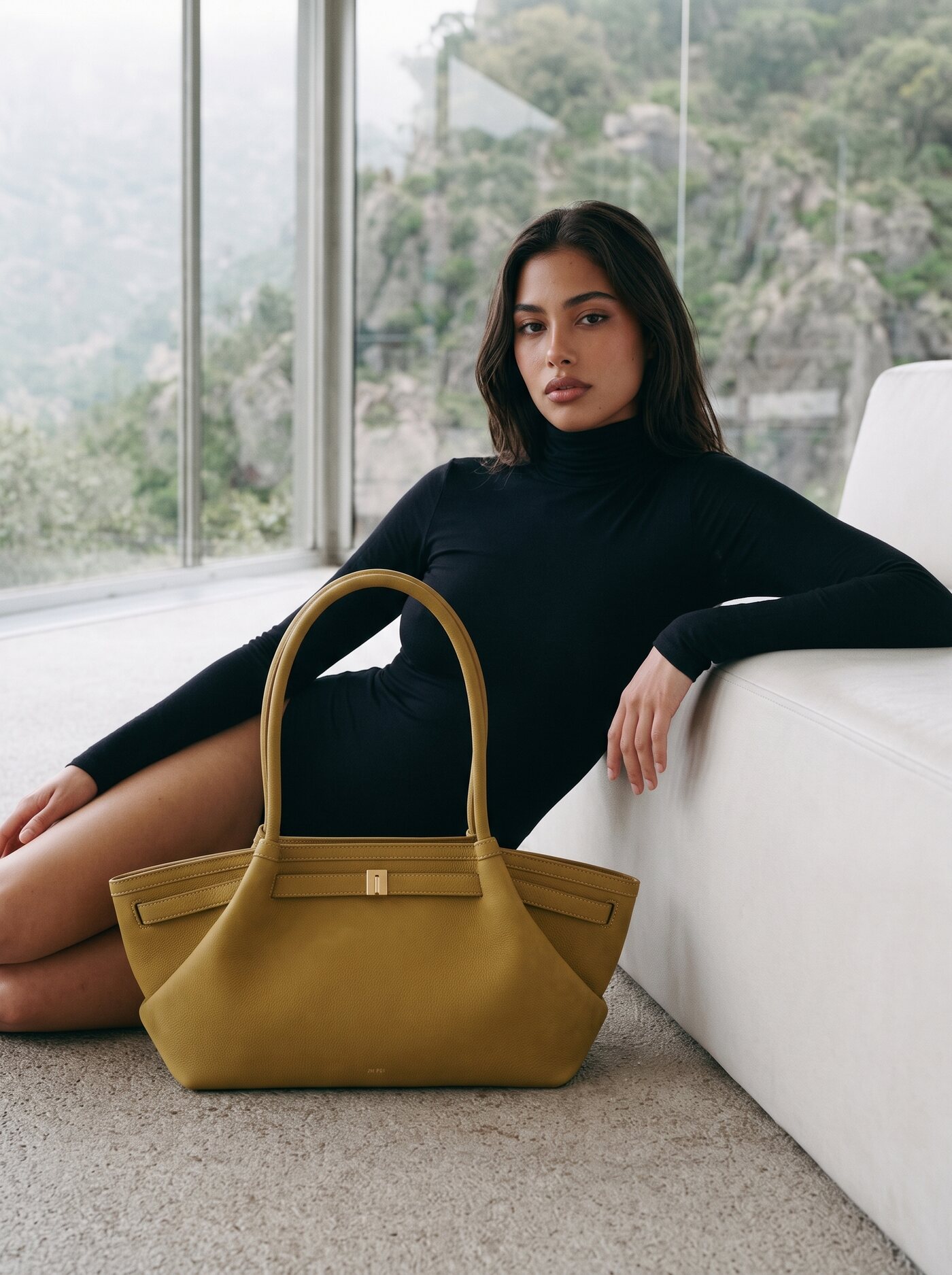 Quiet Luxury, seated portrait with tote
