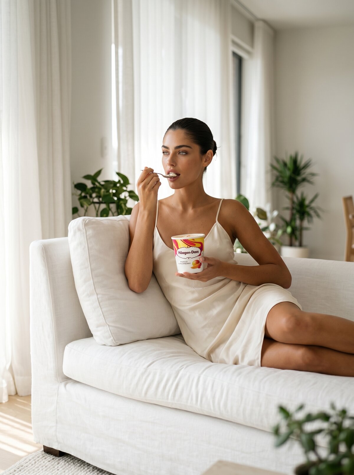 Haagen-Dazs Mango Raspberry, eating on the sofa