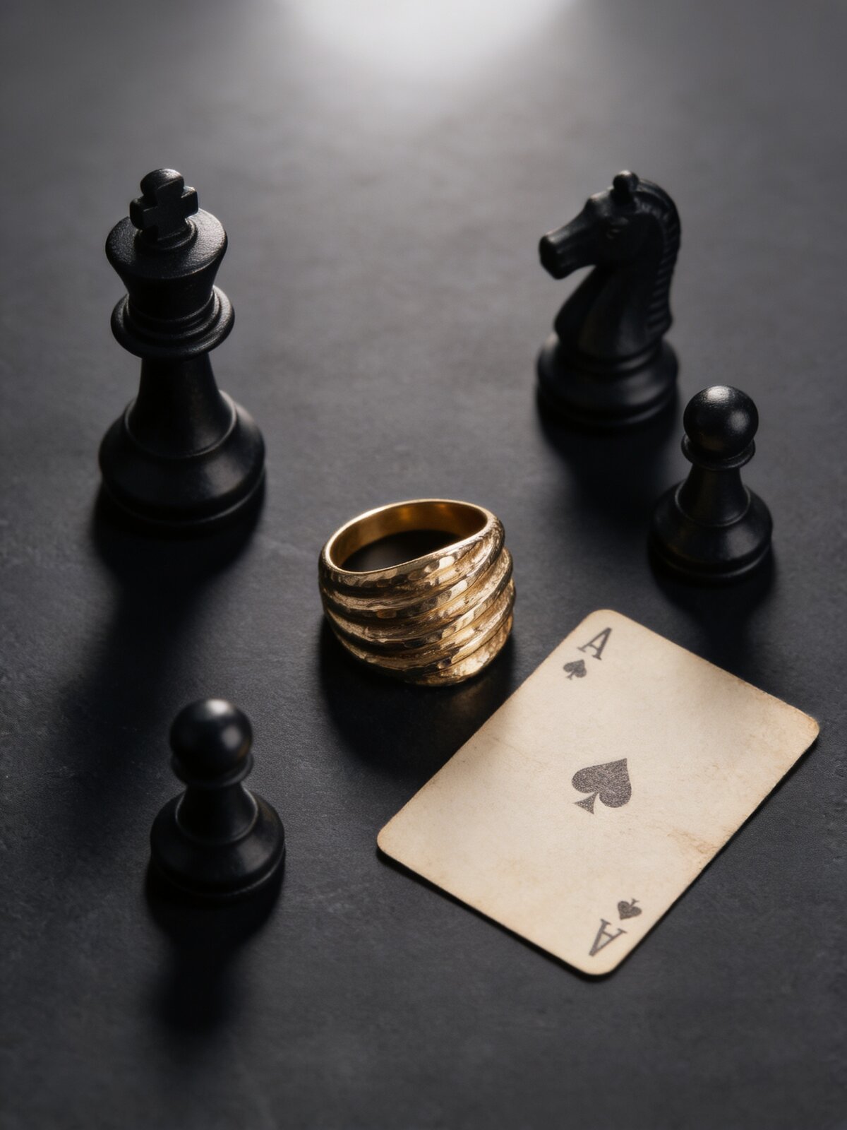 Gilded, chess pieces with a gold ring