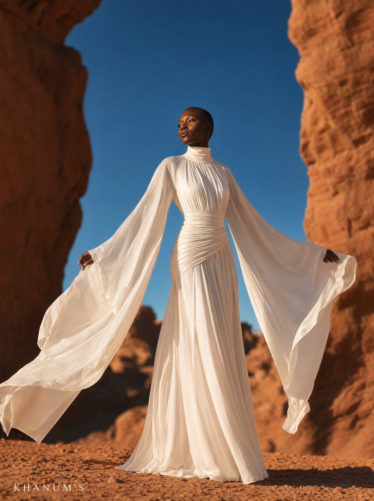 Khanum's, white gown, canyon walls