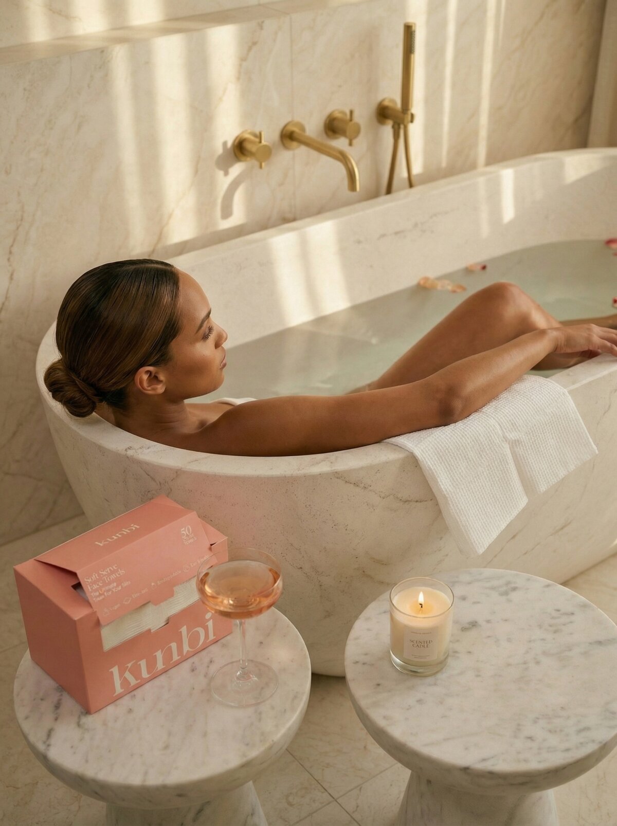 Kunbi Soft Serve, two friends laughing with a towel in a marble bathroom